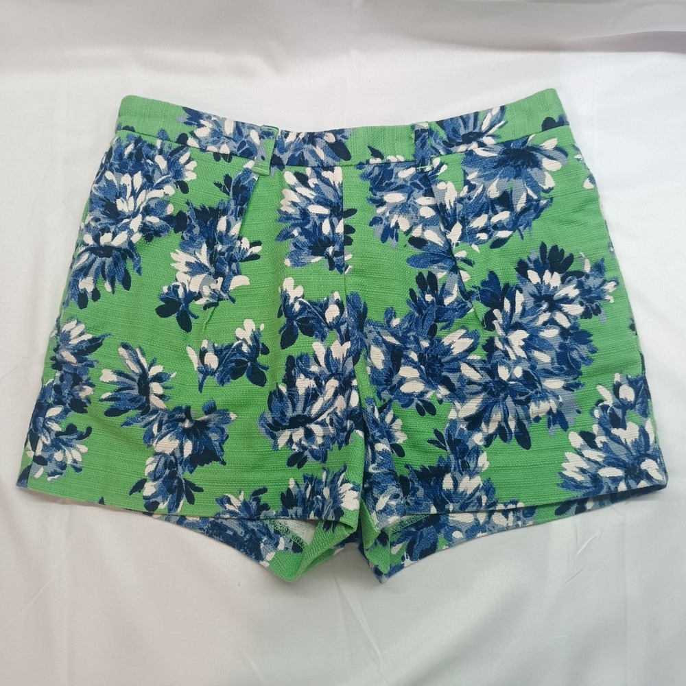 J.Crew Green Blue Floral Casual Shorts Womens 6 Textured Cotton‎ Blend Zip Back